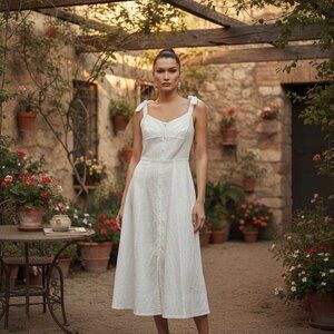 ASTR The Label White Linen Button Front Midi Dress Tie Strap Summer Size Small